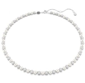 Collier Tennis Matrix, Perle de cristal, Taille ronde, Blanc, Métal rhodié